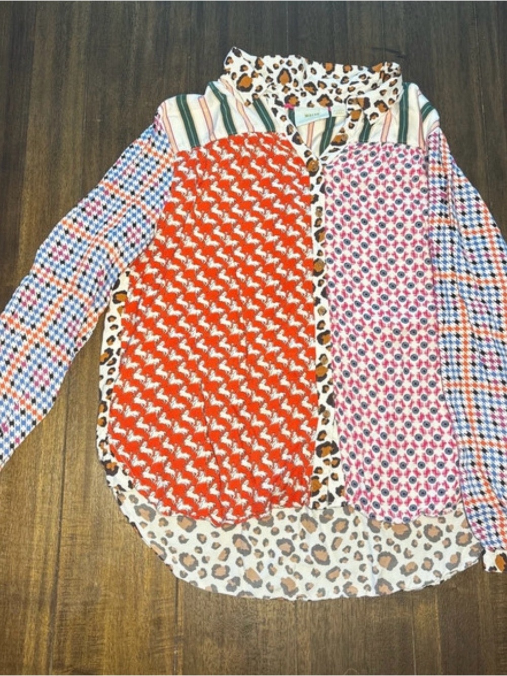 Anthropologie XL Womens Mixed-Print Button-Down Shirt in Red, Pink, Blue & Brown